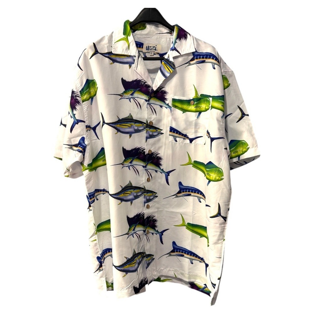 Uzzi Amphibious Gear XL Button Up Shirt Fish Print Short Sleeve Mens‎